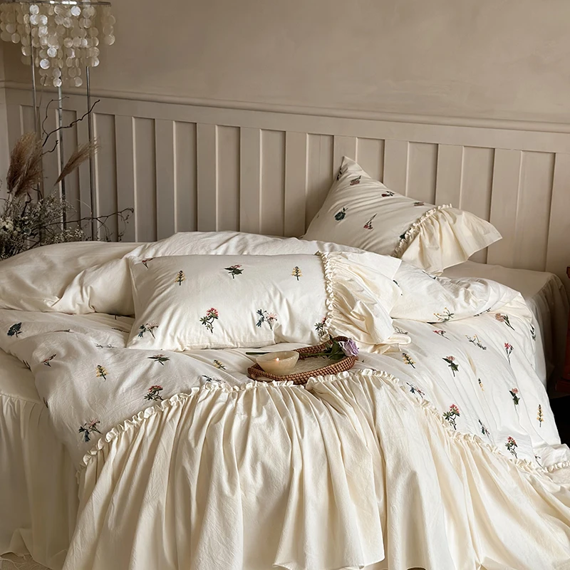 芳草集法式少女心纯棉色织水洗棉仙女花边刺绣被套床单床上四件套