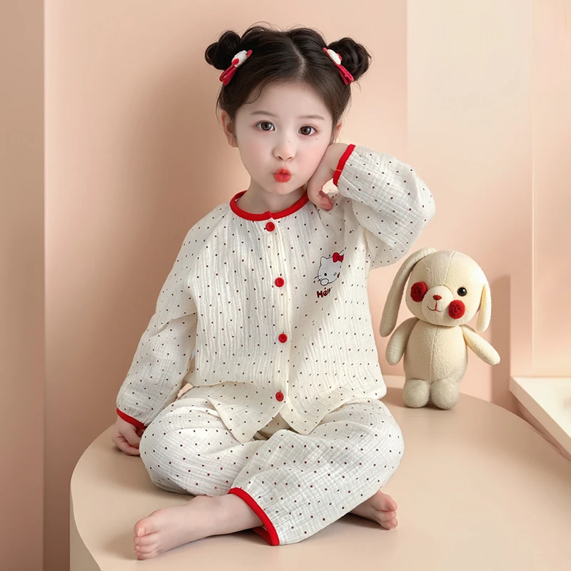 女童睡衣春秋纯棉纱布家居服儿童2025新款女孩宝宝长袖空调服套装