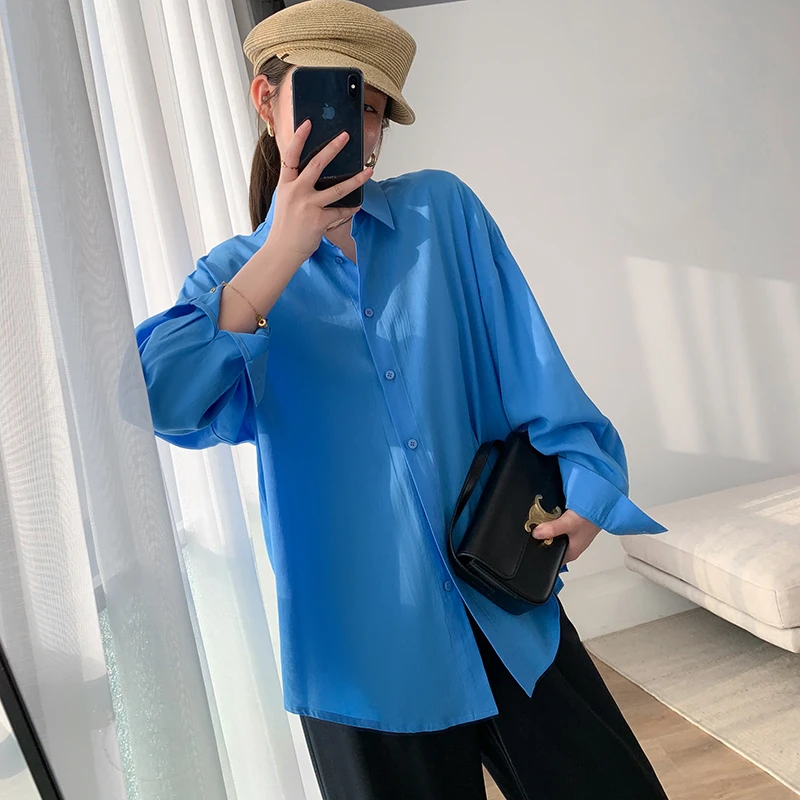 懂点蓝色衬衫女2025夏季新款韩版宽松显瘦休闲男友风高级感衬衣