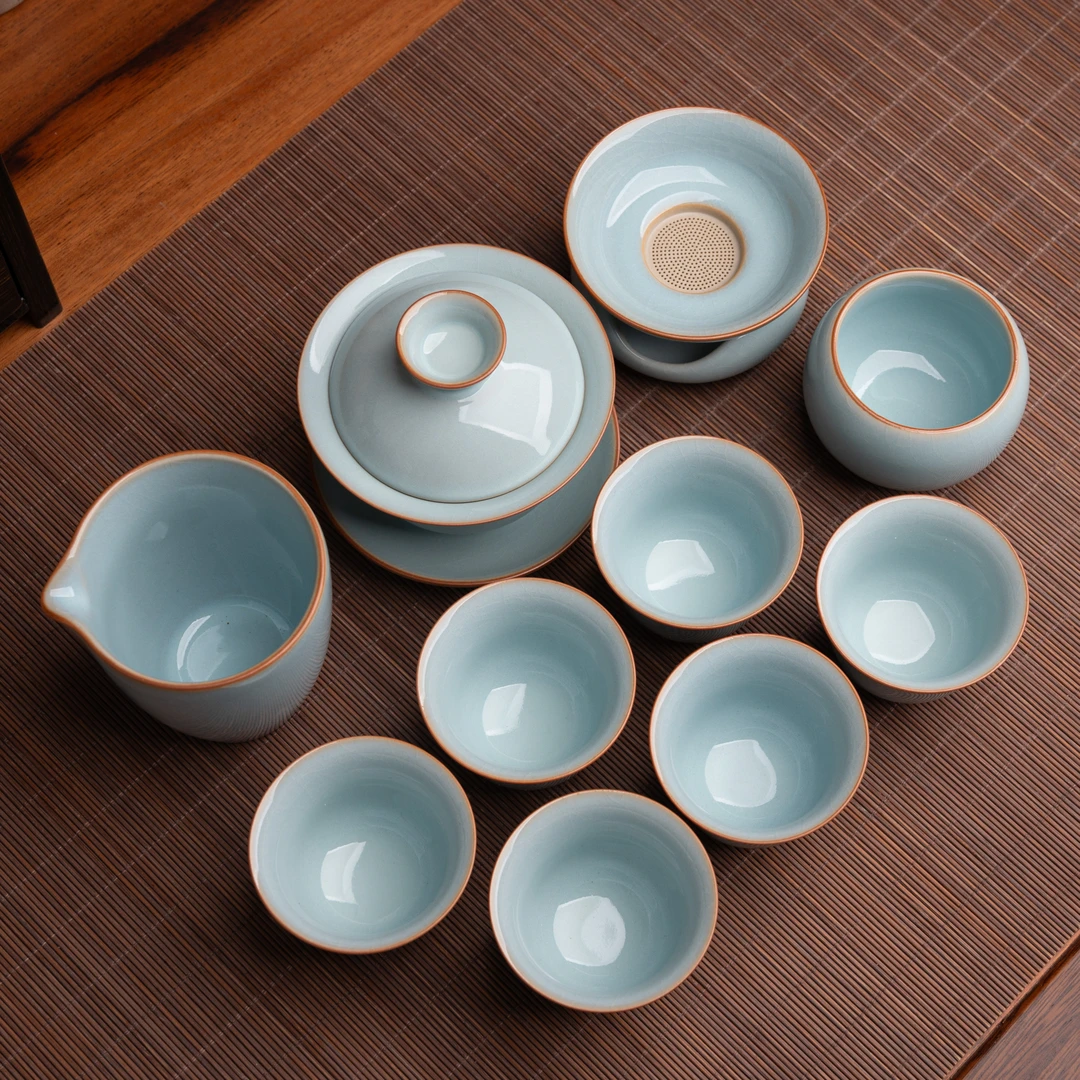 天青色玉兰盖碗十件汝窑茶具套装高端全套 汝州汝瓷茶具正品店