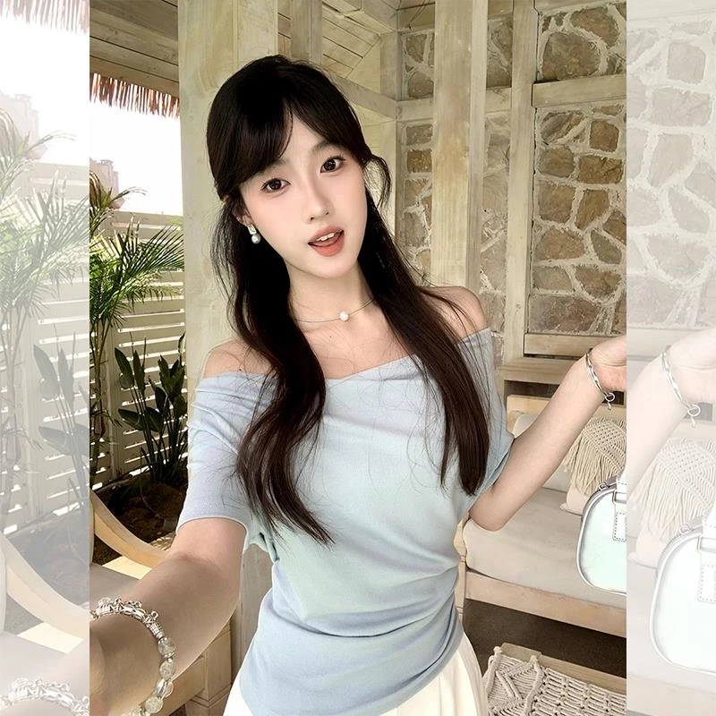 纯欲风堆堆领斜肩上衣女小众设计感褶皱收腰掐腰T恤初夏绝美短袖