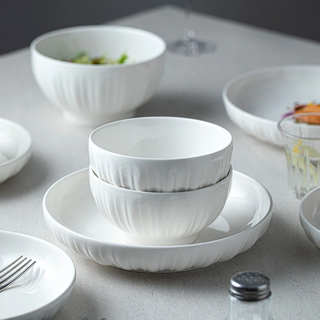 白莲花纯白陶瓷餐具10件套装家用中式陶瓷米饭碗菜盘