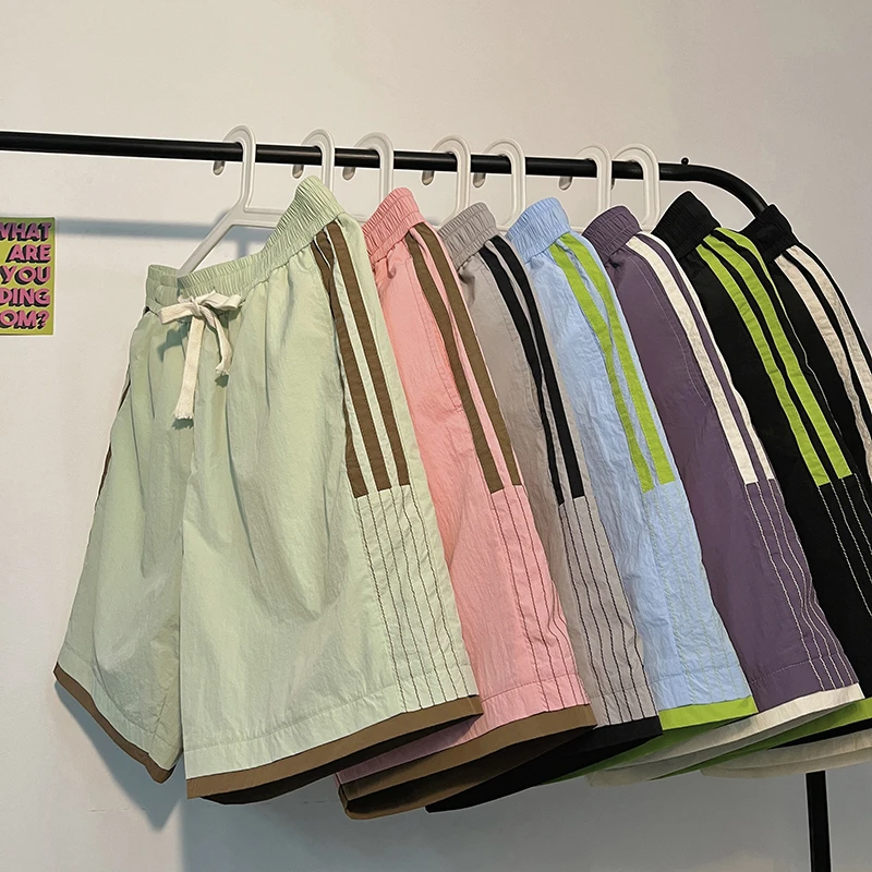 【马卡龙】夏季潮品多巴胺三条杠男女款冰丝锦纶五分运动休闲短裤