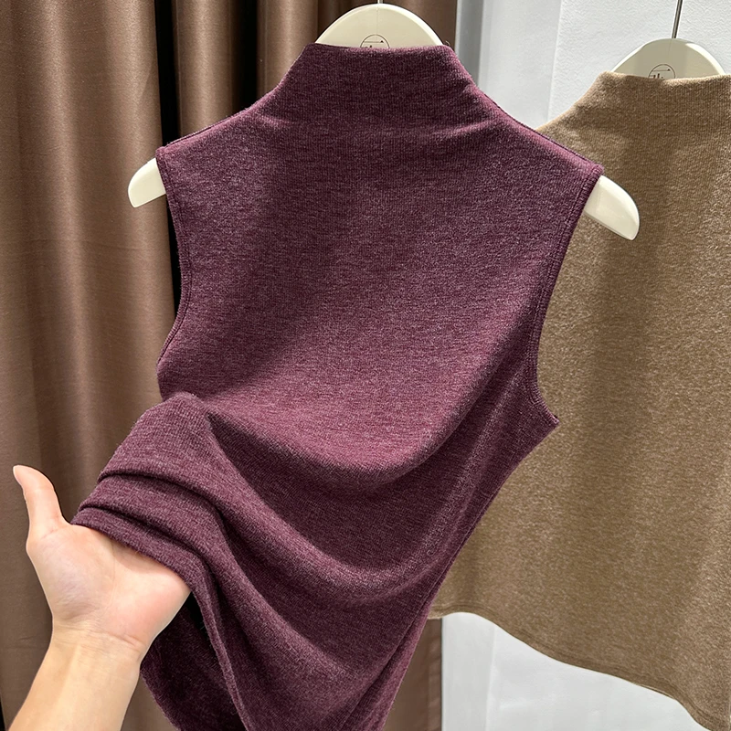 洋气枣红色无袖背心上衣女秋季新款时尚叠穿套头打底衫半高领小衫