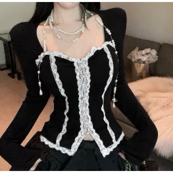 （倩倩）春季新款纯欲辣妹方领上衣女小香风带加绒蕾丝内搭903