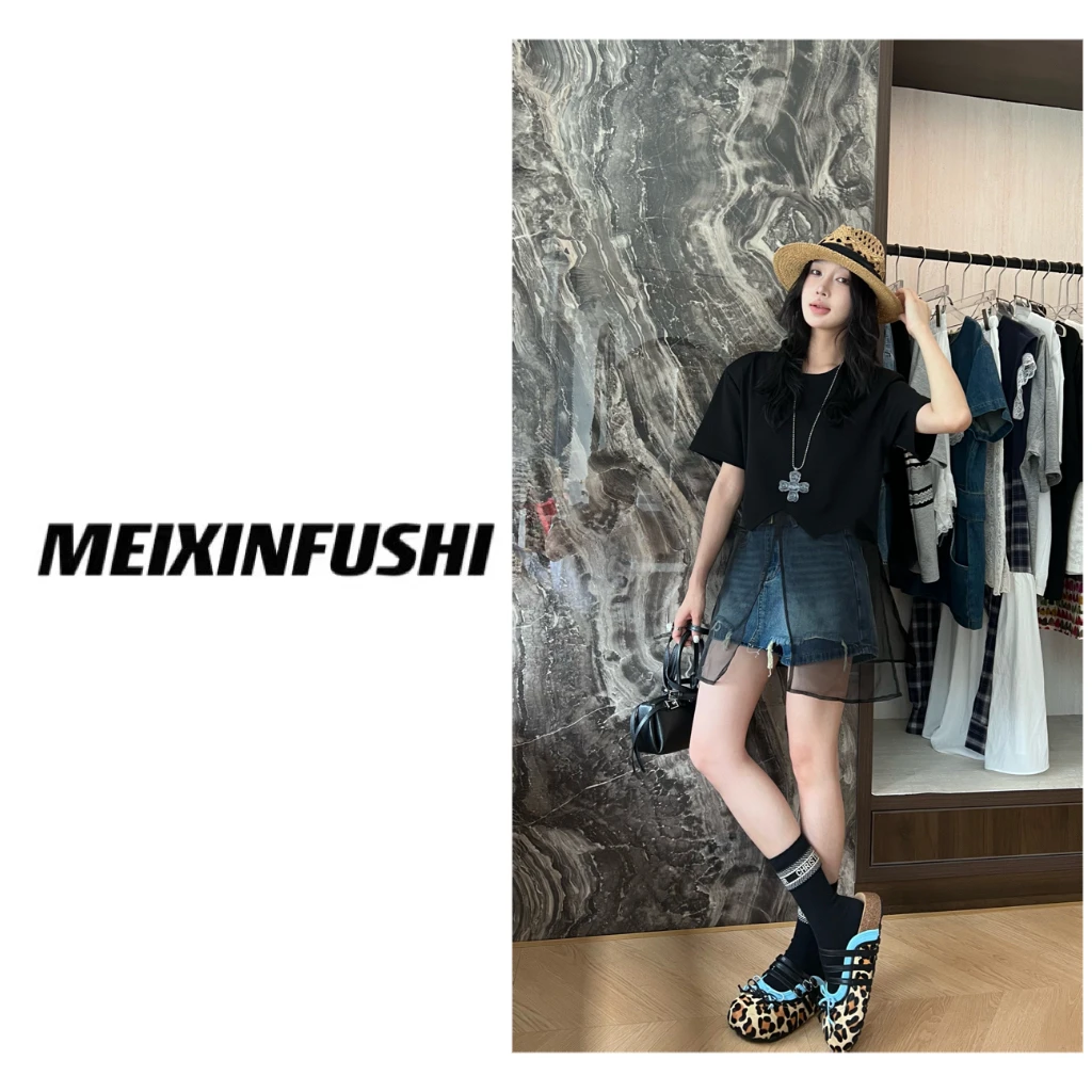 【Mei Xin】欧货下摆开叉网纱短袖/8032/D
