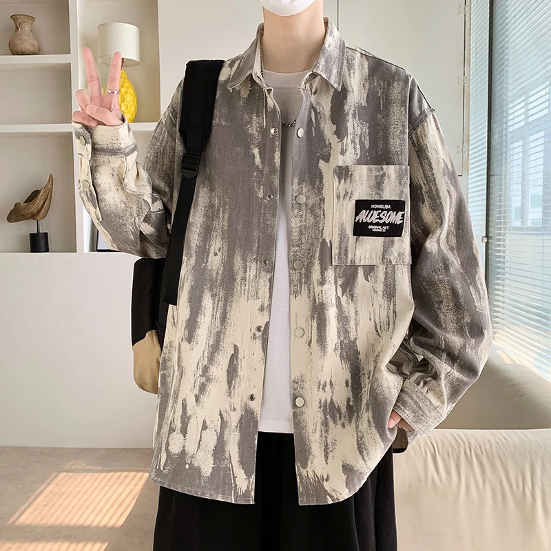 长袖衬衫男款春秋季痞帅扎染印花工装上衣服宽松休闲衬衣百搭外套