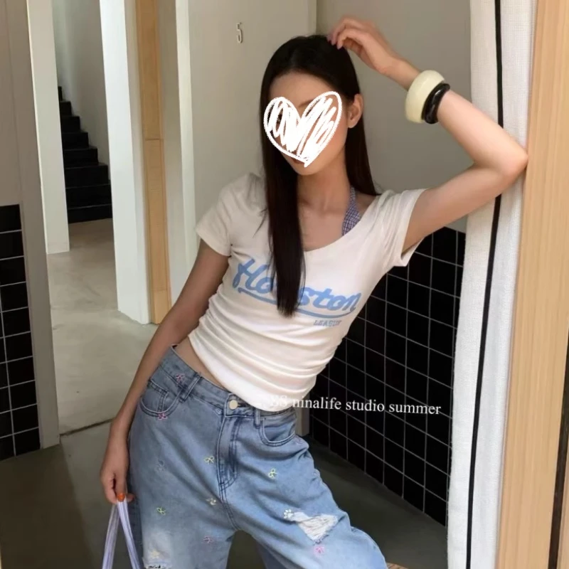 假两件短款T恤女高腰露脐2025夏季新款设计感收腰挂脖短袖V领上衣