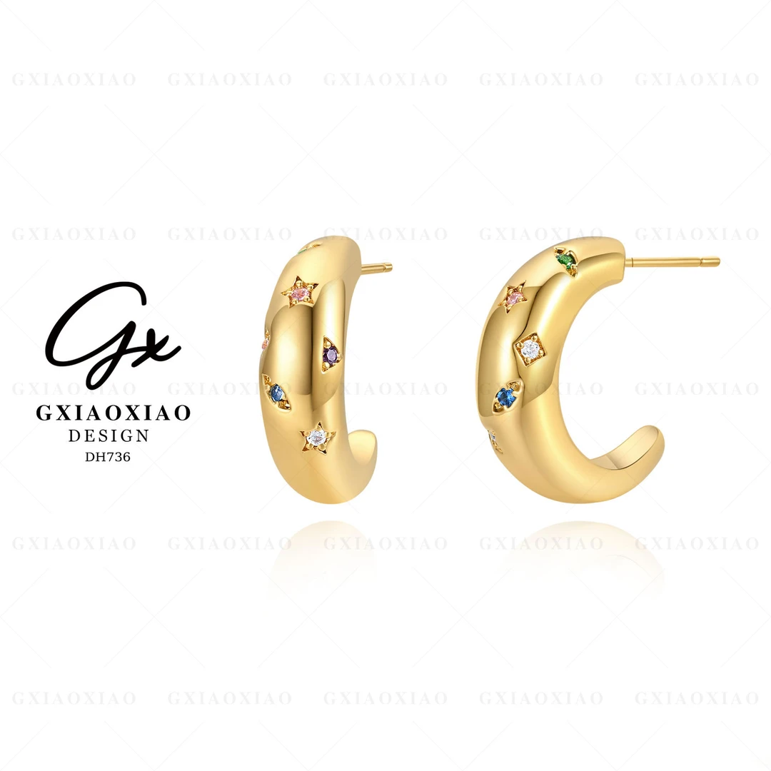 G XIAOXIAO 镀K金 【星月耳环】时尚气质简约百搭C形耳环 DH736