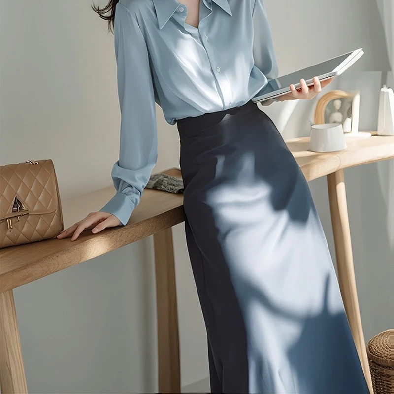 上班通勤时尚套装梨型身材穿搭高冷范气场强大蓝色衬衫裙子两件套