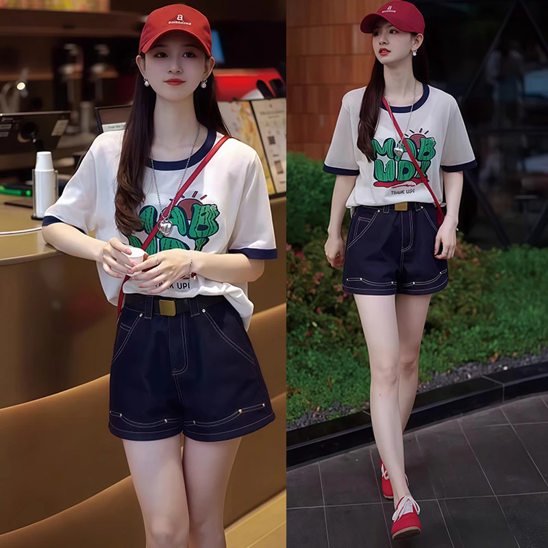 韩系小个子穿搭2025新款提花字母圆领T恤薄款竹节麻休闲女针织衫