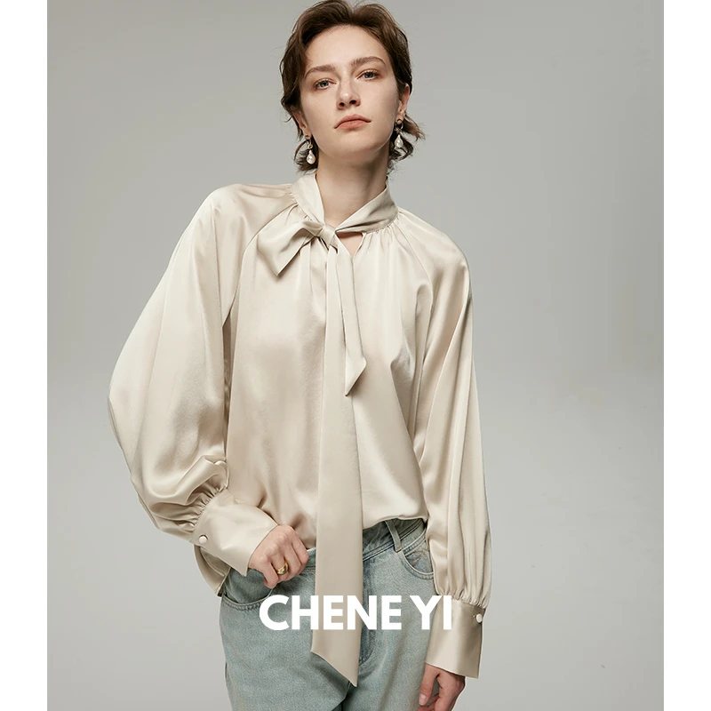 CHENE YI日本三醋酸法式风情插肩袖V领设计飘带衬衫女上衣