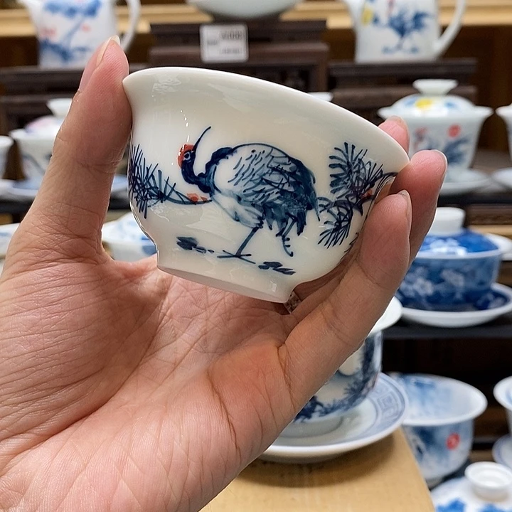 手绘松鹤压手杯85cc釉下彩微瑕福利款
