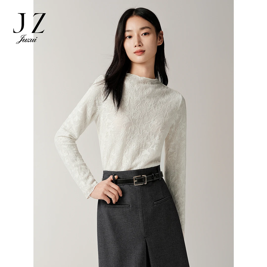 JUZUI玖姿内搭上衣女2025秋新款浪漫法式镂空蕾丝修身JTFQ80102