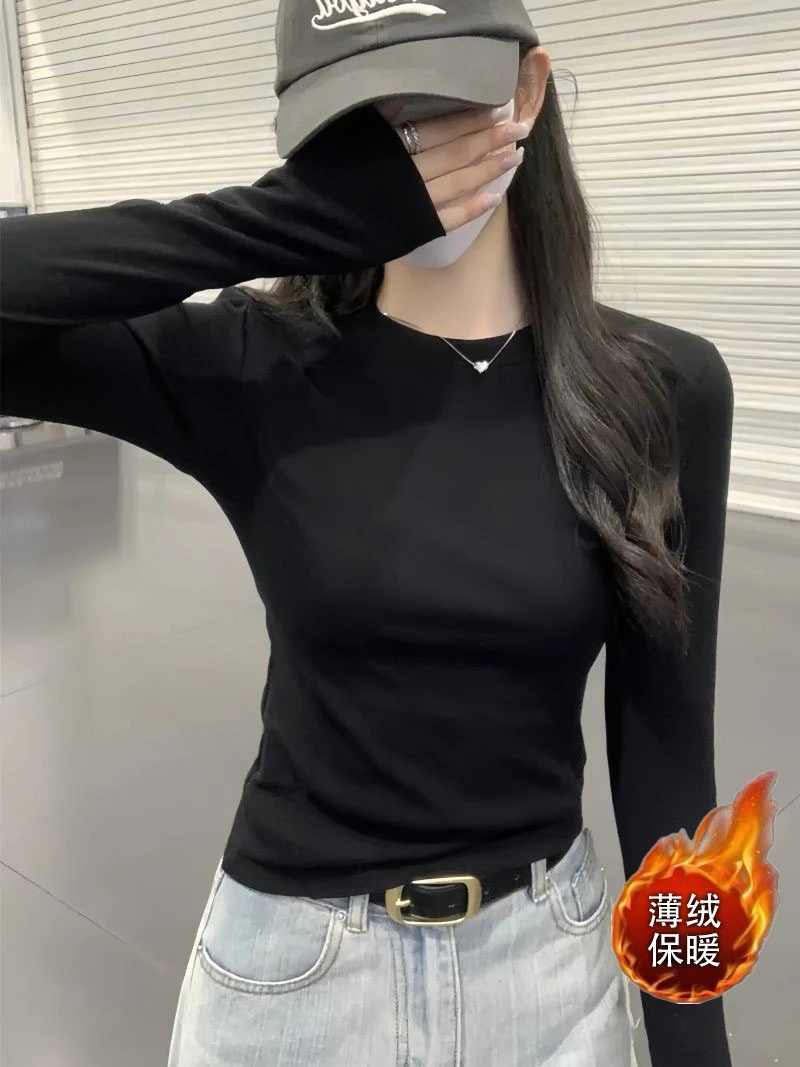 设计圆领chic长袖T恤女秋冬薄绒保暖内搭打底衫修身显瘦甜美上衣