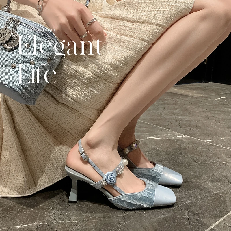 欧若风甜美珍珠方头拼接后空单鞋女法式水钻玫瑰花朵细高跟凉鞋