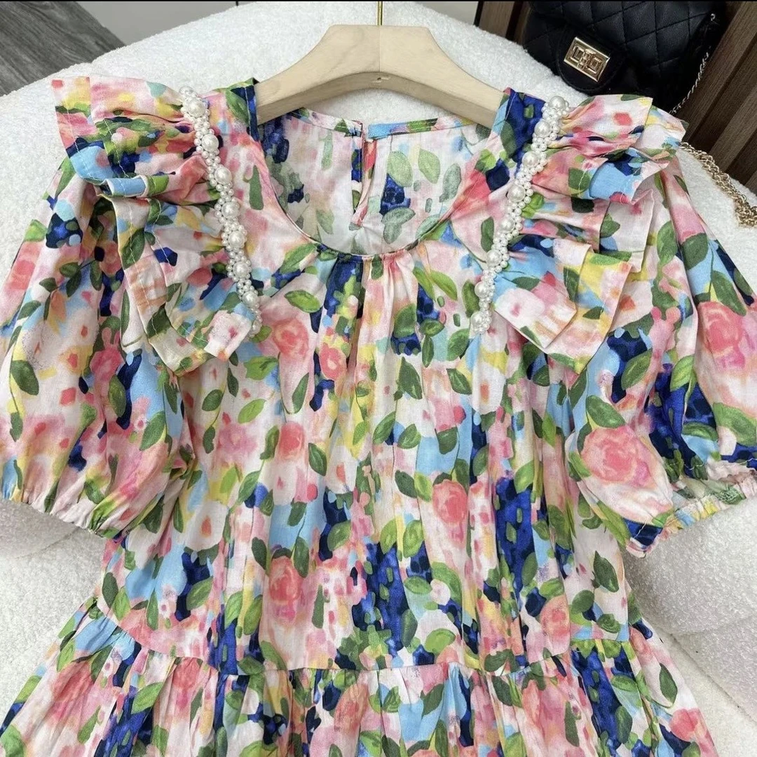 欧货高级感花色女中长裙高腰显瘦短袖夏季