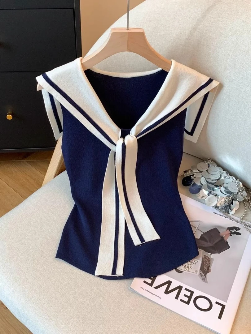 学院风撞色海军领针织背心女夏外穿2025新款修身短款别致无袖上衣