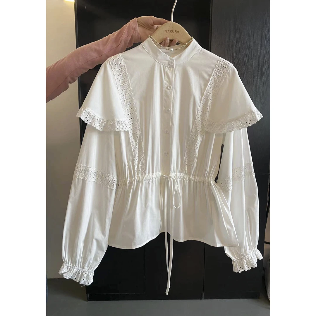 璎婲sᴀᴋᴜʀᴀ【春日私语】图法式镂空拼接蕾丝气质收腰设计感长袖衬衫