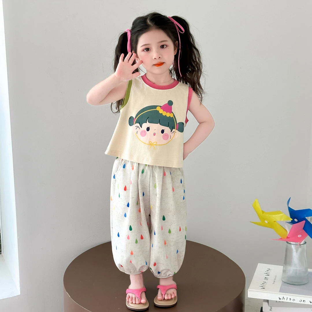 女童夏季套装儿童卡通蝴蝶结背心薄款休闲防蚊裤女宝宝可爱两件套