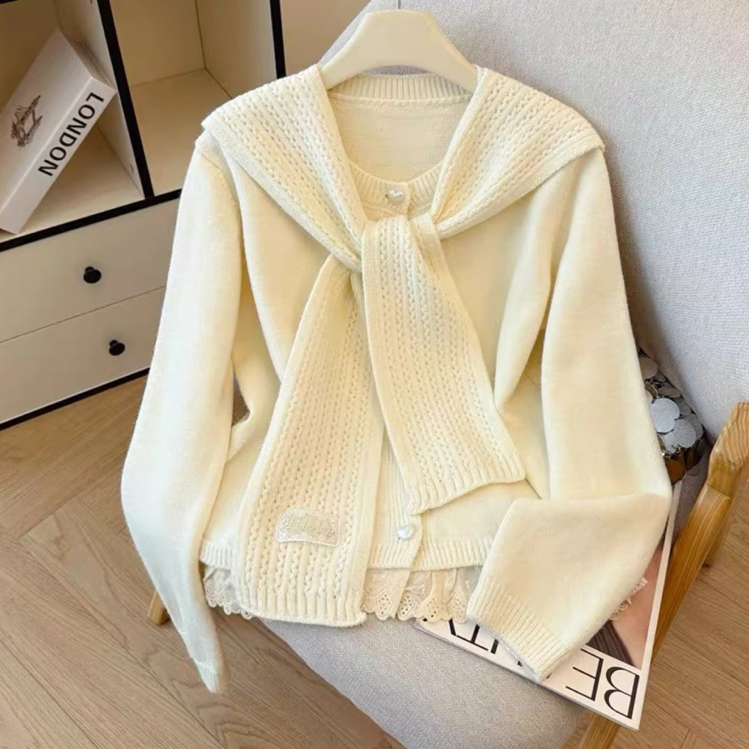 新款淑女风飘带针织开衫女秋冬2025显瘦洋气百搭毛衣外套两件套
