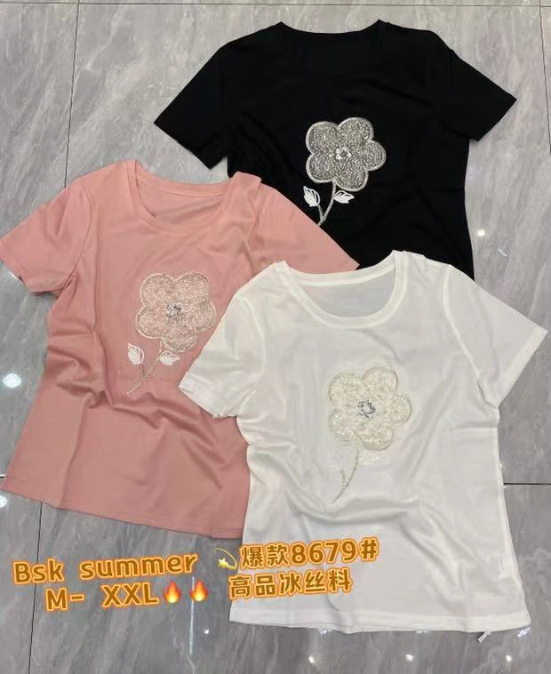 芭尚卡夏款钉珠花朵短袖上衣8679
