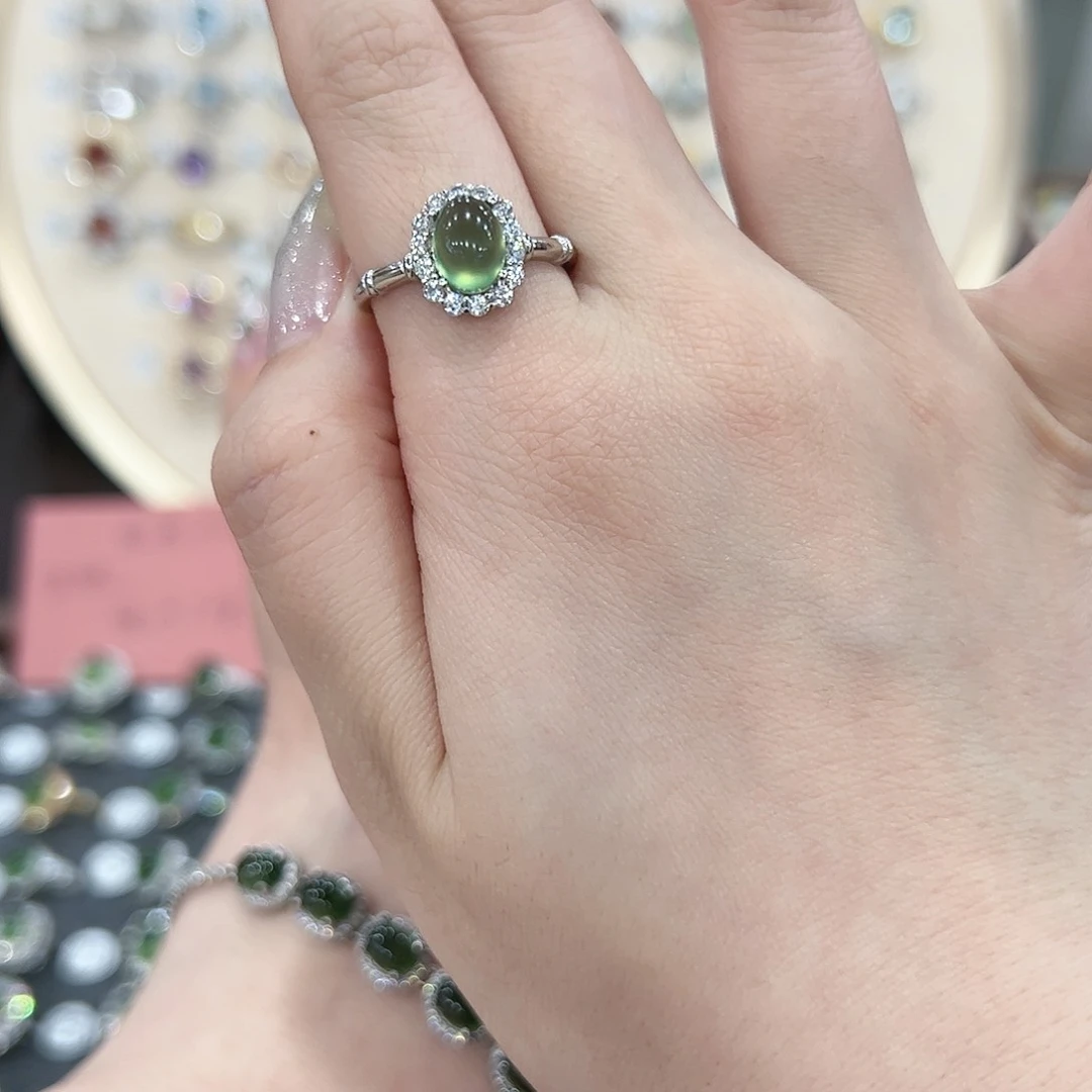 蛇纹石玉戒指银S925镶嵌?****