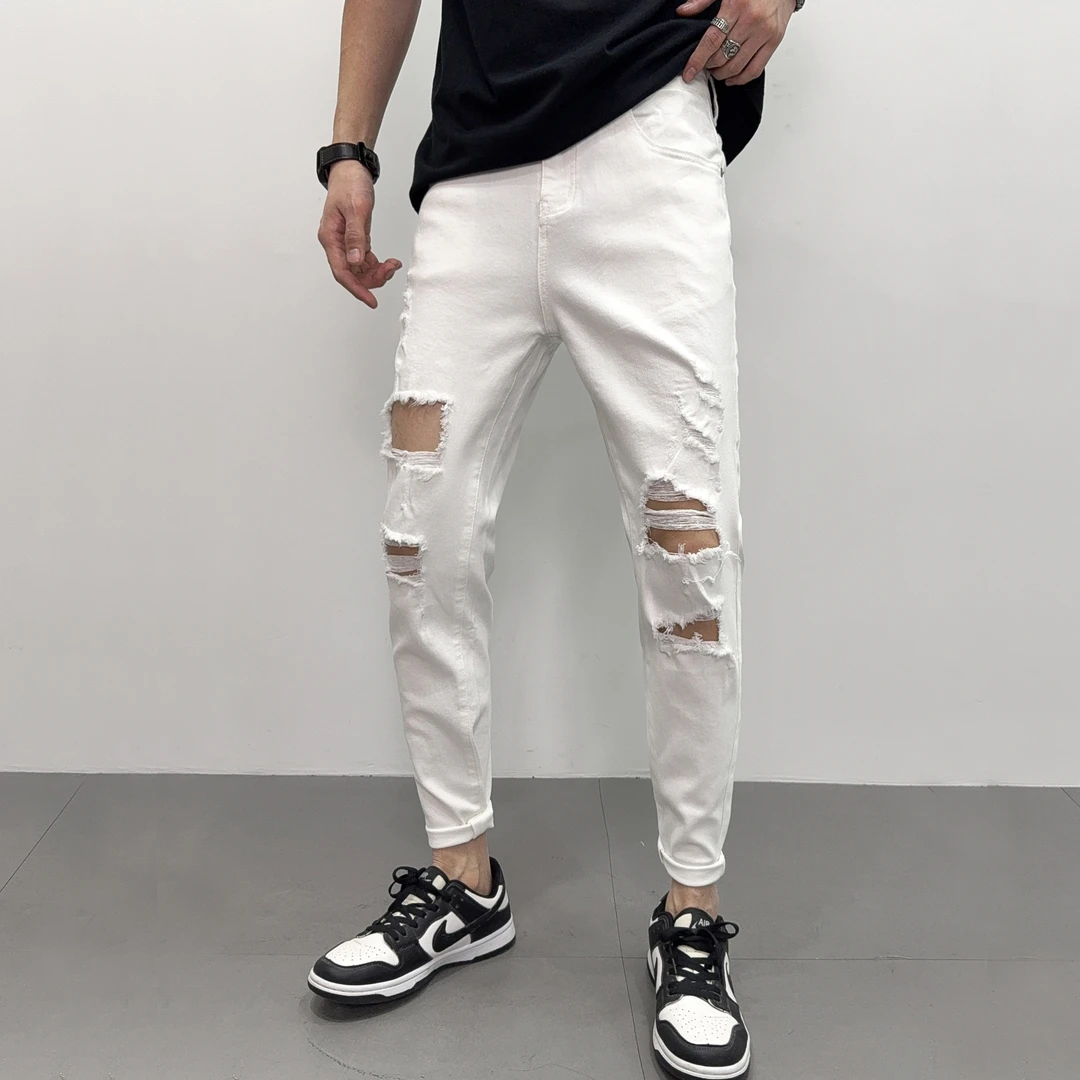 夏季薄款白色破洞牛仔裤男款爆款2025新款美式潮牌男士修身小脚裤