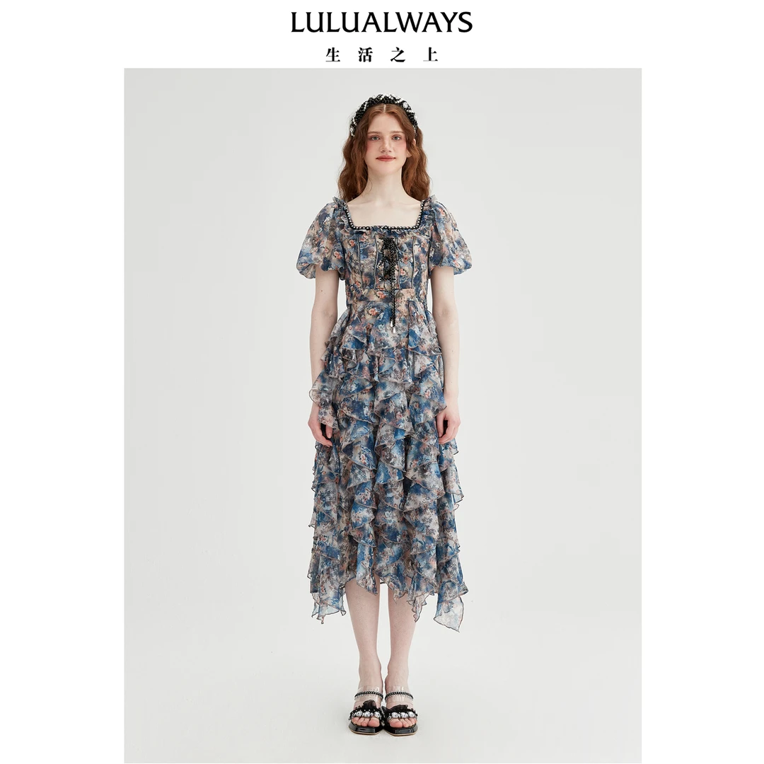LULUALWAYS我爱露露25夏季新款复古方领碎花层次感荷叶边连衣裙女
