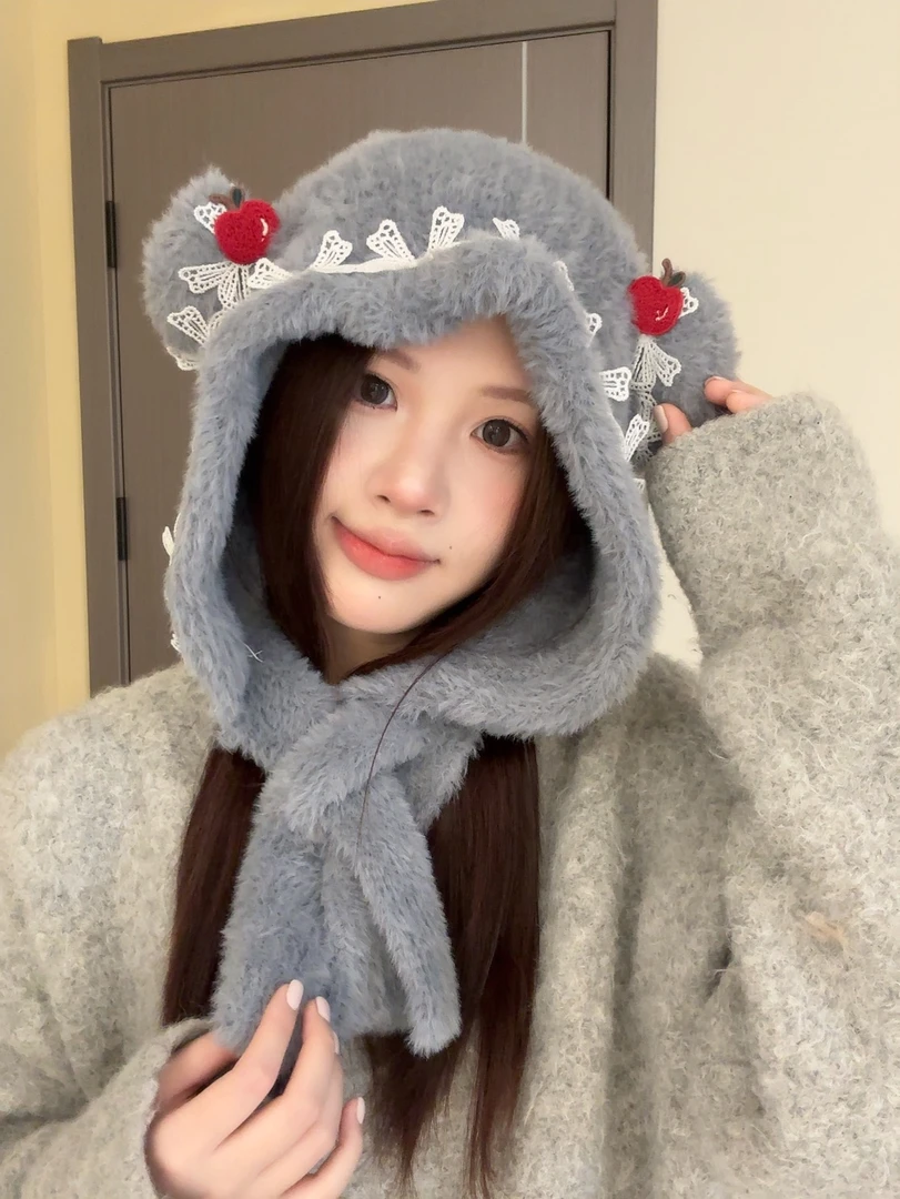 冬季包头帽蕾丝帽子小熊一体帽加绒防风绒帽冬天防寒日系韩版