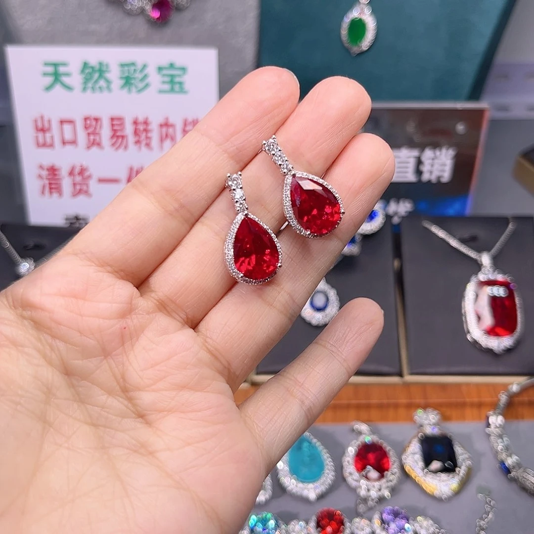 耳饰银S925镶嵌红宝石d14