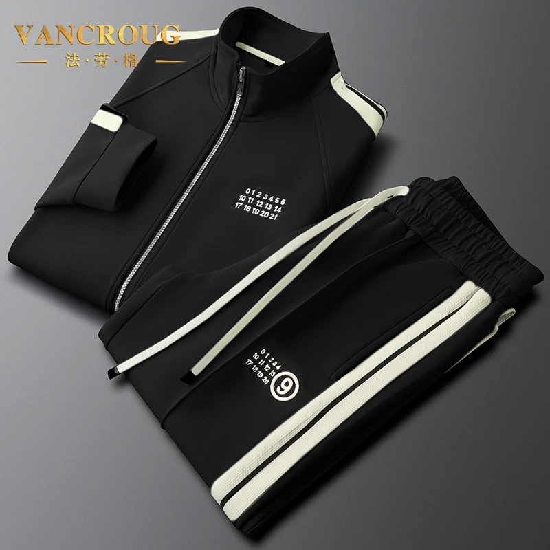 VANCROUG/法劳格休闲运动套装男士春秋季新款纯色简约百搭两件套