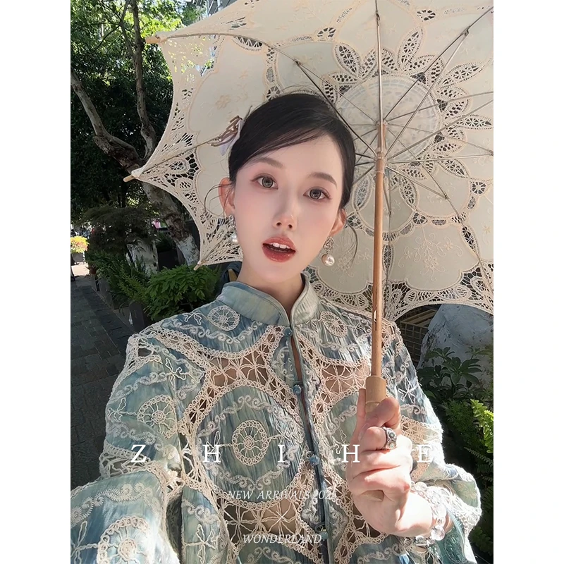 无艳一禾【南洋旧梦】静奢国风新中式女人棉镂空绣花上衣+雪纺半裙