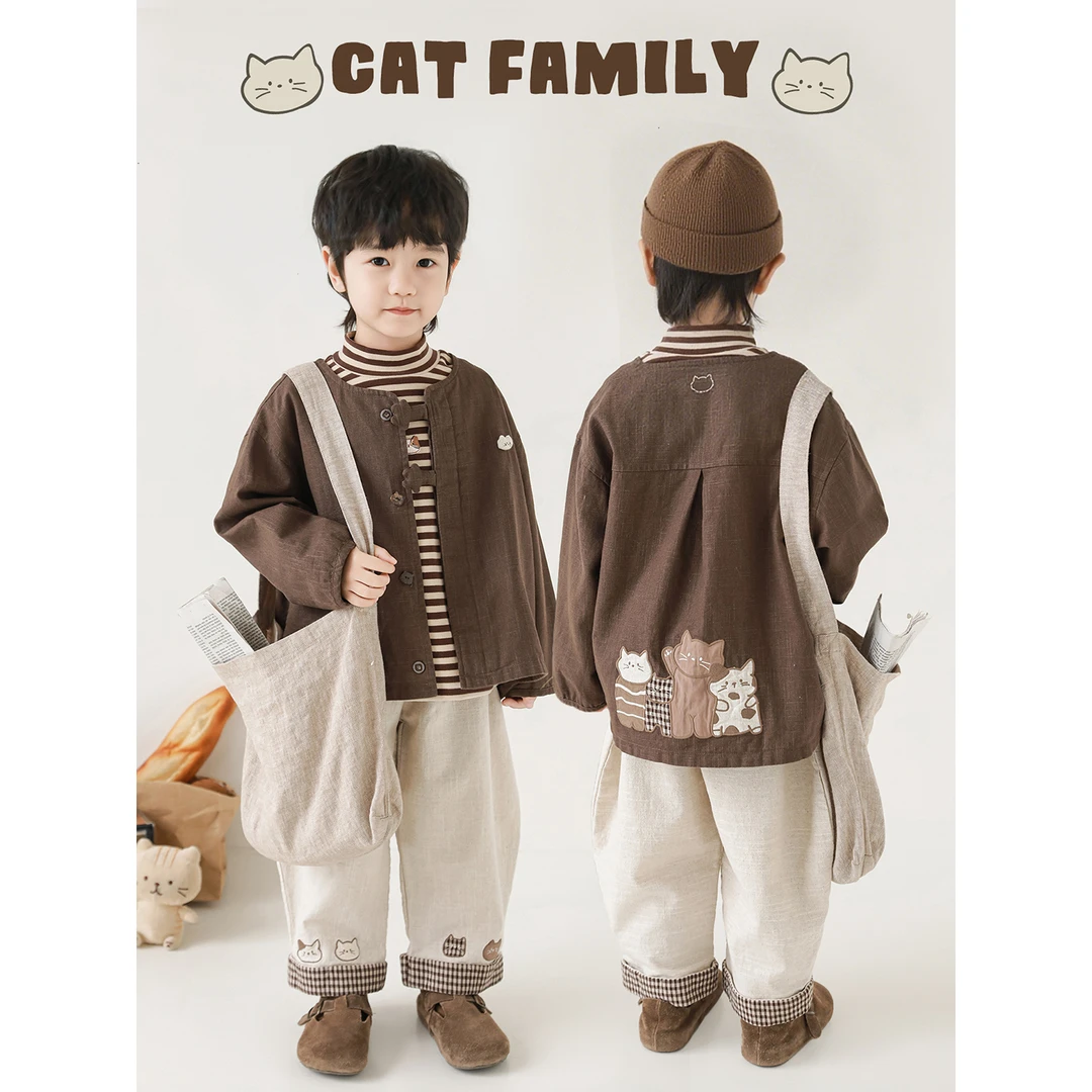 幼悠男童春装猫咪棉麻套装潮酷痞帅童装儿童外套裤子N6694 N6695
