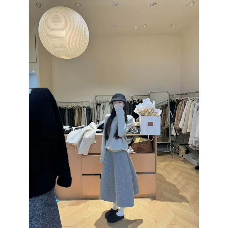 韩系慵懒风时尚圆领套头毛衣2025秋冬新款宽松显瘦百搭半身裙套装