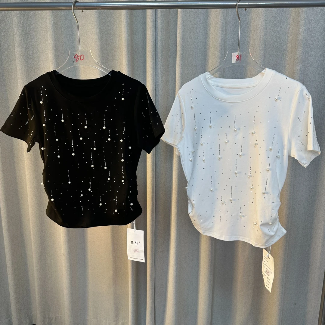 修身圆领夏季休闲半袖T恤重工常规款百搭烫钻宽松短袖个性显瘦
