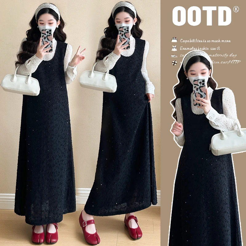 孕妇连衣裙2025早春新款版气质亮片背带裙波点雪纺洋气上衣时尚