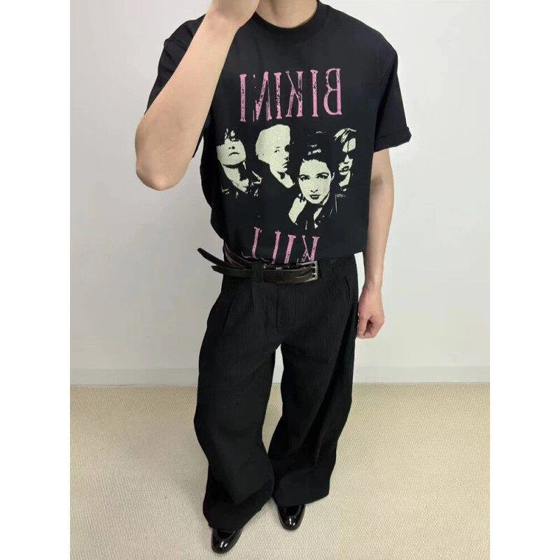 泵气乐队短袖男款夏季美式复古小领口正肩t恤潮牌欧美高街五分袖