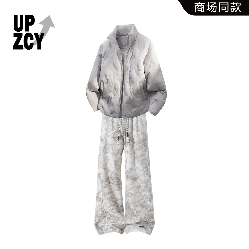 UPZCY美式潮流褶皱感棉服套装2025冬季新款扎染宽松垂坠感休闲裤