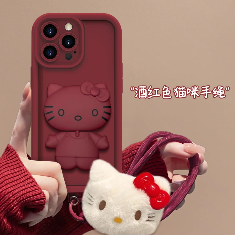 适用于苹果16新款KT猫支架手机壳手绳款oppo华为vivo简约可爱创意