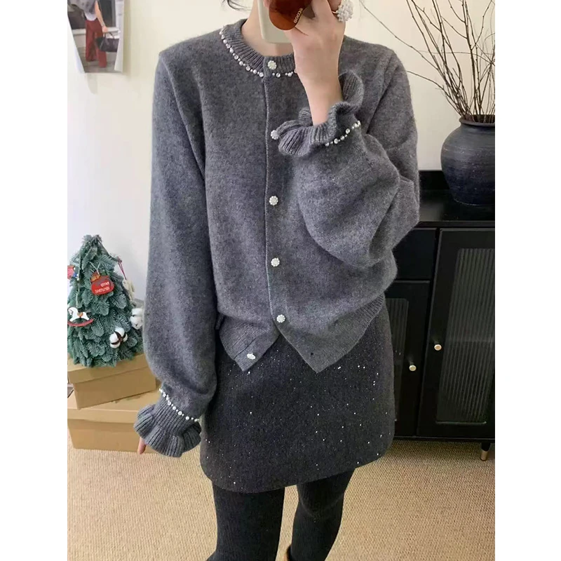 【珍珠荷叶袖】小个子慵懒风新款冬季针织开衫女毛衣外套FFN3065