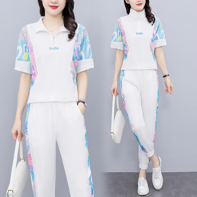 AG#6085 时尚套装女夏新款显瘦减龄洋气运动休闲两件套束脚裤套装