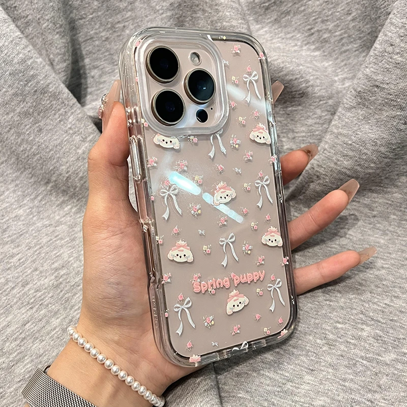 礼带碎花小狗适用iPhone16高透15手机壳华为vivo小米oppo防摔保护