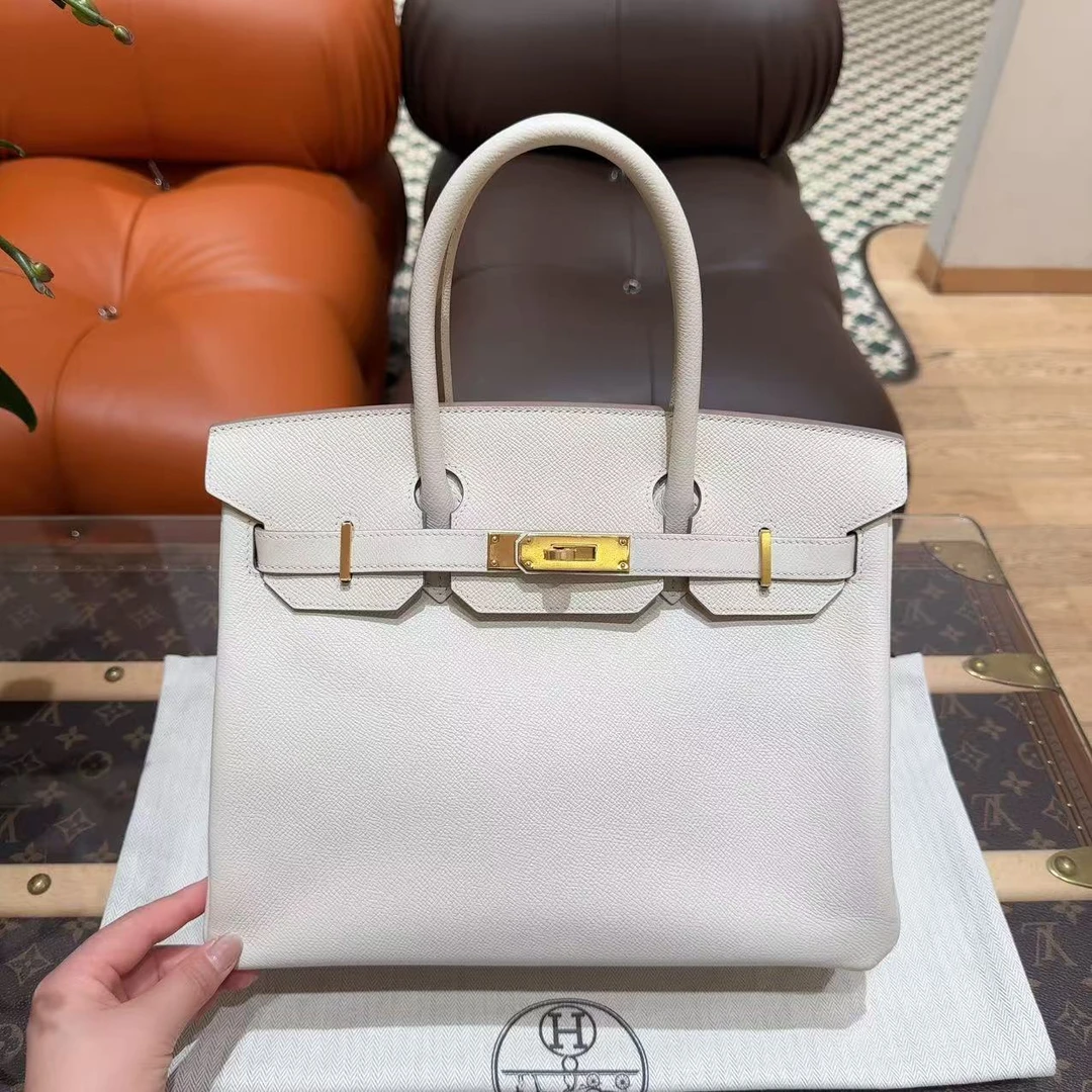 99新 Hermes/爱马仕 birkin30 奶昔白 金扣 E皮内缝 C刻！