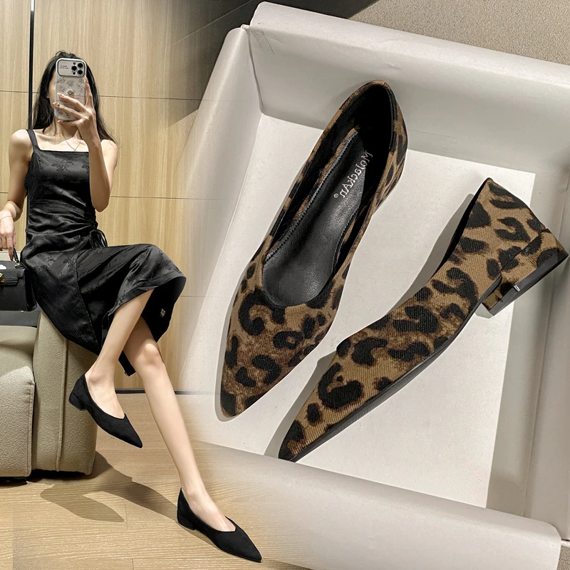 2025新款春夏晚晚风温柔鞋低跟百搭尖头单鞋女豹纹法式浅口通勤鞋