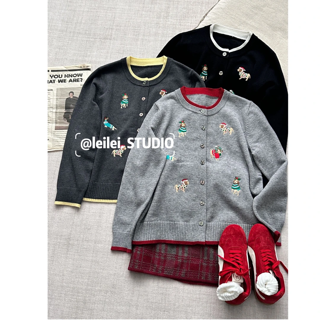 晶咕【圣诞小狗！】圣诞风小狗刺绣圆领假两件撞色拼接针织小衫