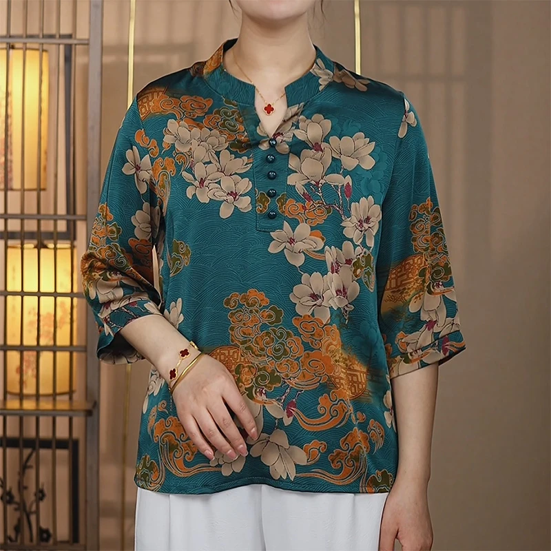 【082五扣玉兰花】2025年春季新款时尚百搭定制立领短袖中老年小衫