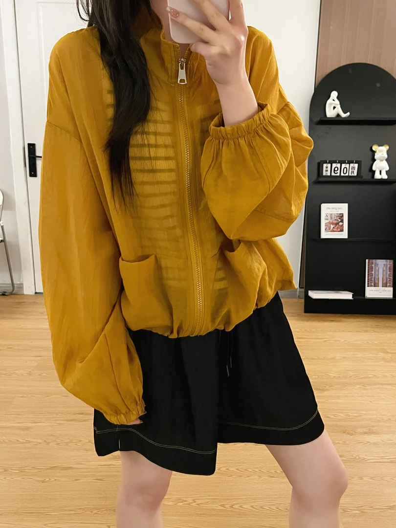 夏日多巴胺抽绳防晒衣女2025简约立领休闲透气冰感短外套薄款上衣