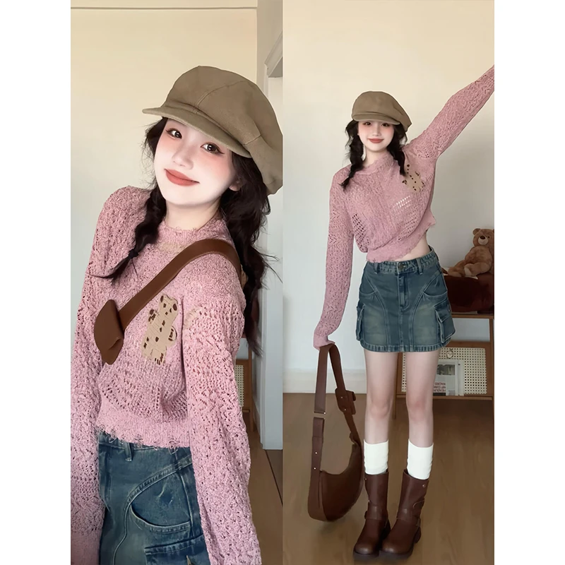 MARIE.COCO多巴胺穿搭粉色镂空针织套头上衣小个子牛仔半身短裙子