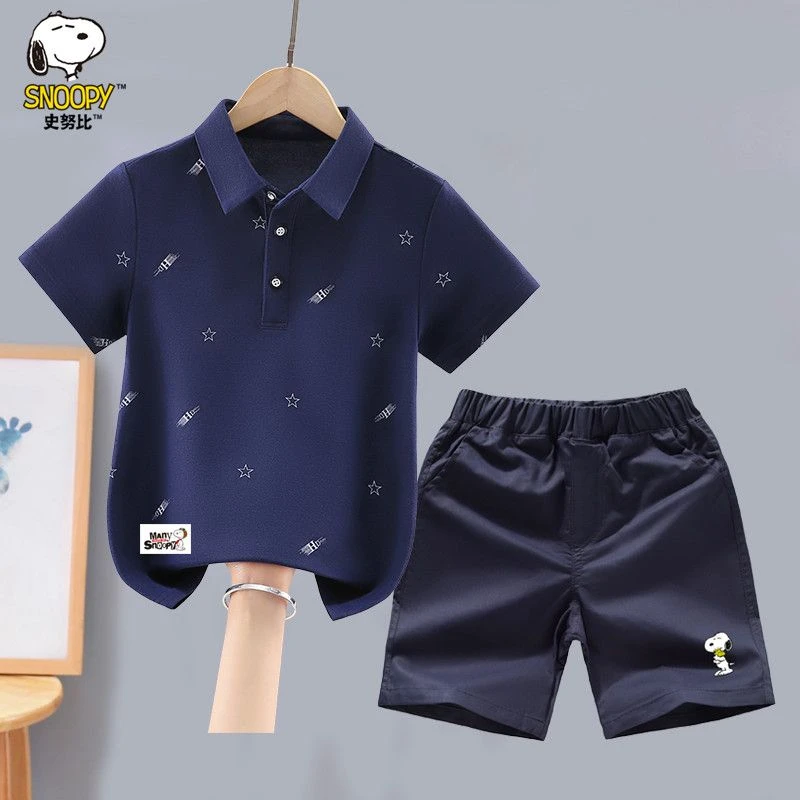 史努比男童短袖套装夏季新款洋气中大童男孩翻领polo衫休闲两件套